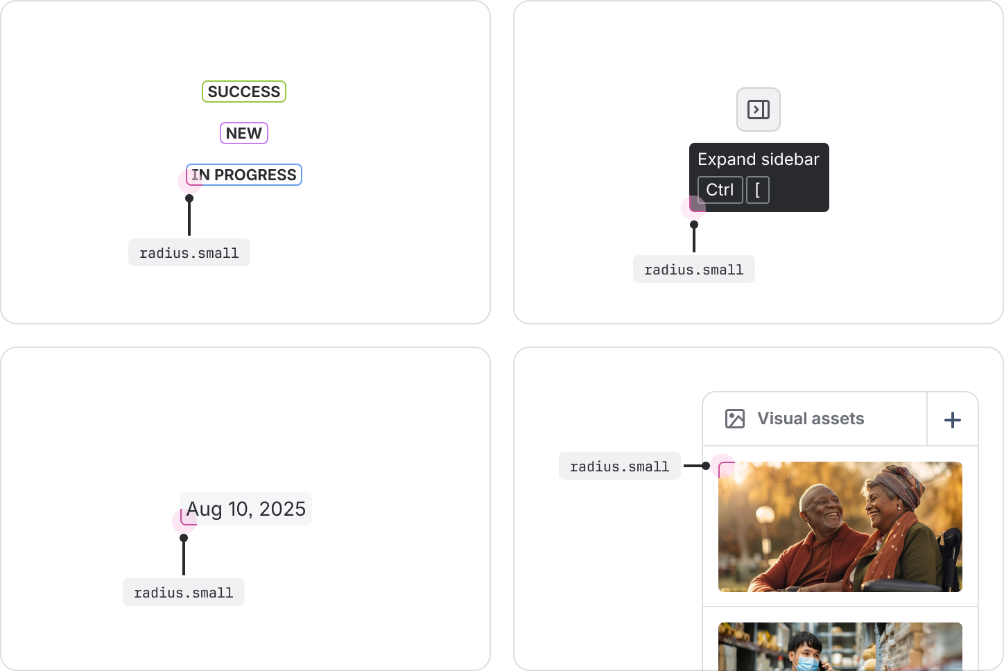 Examples of lozenges, tooltips, dates and photos in a section that all use the "radius.small" token.