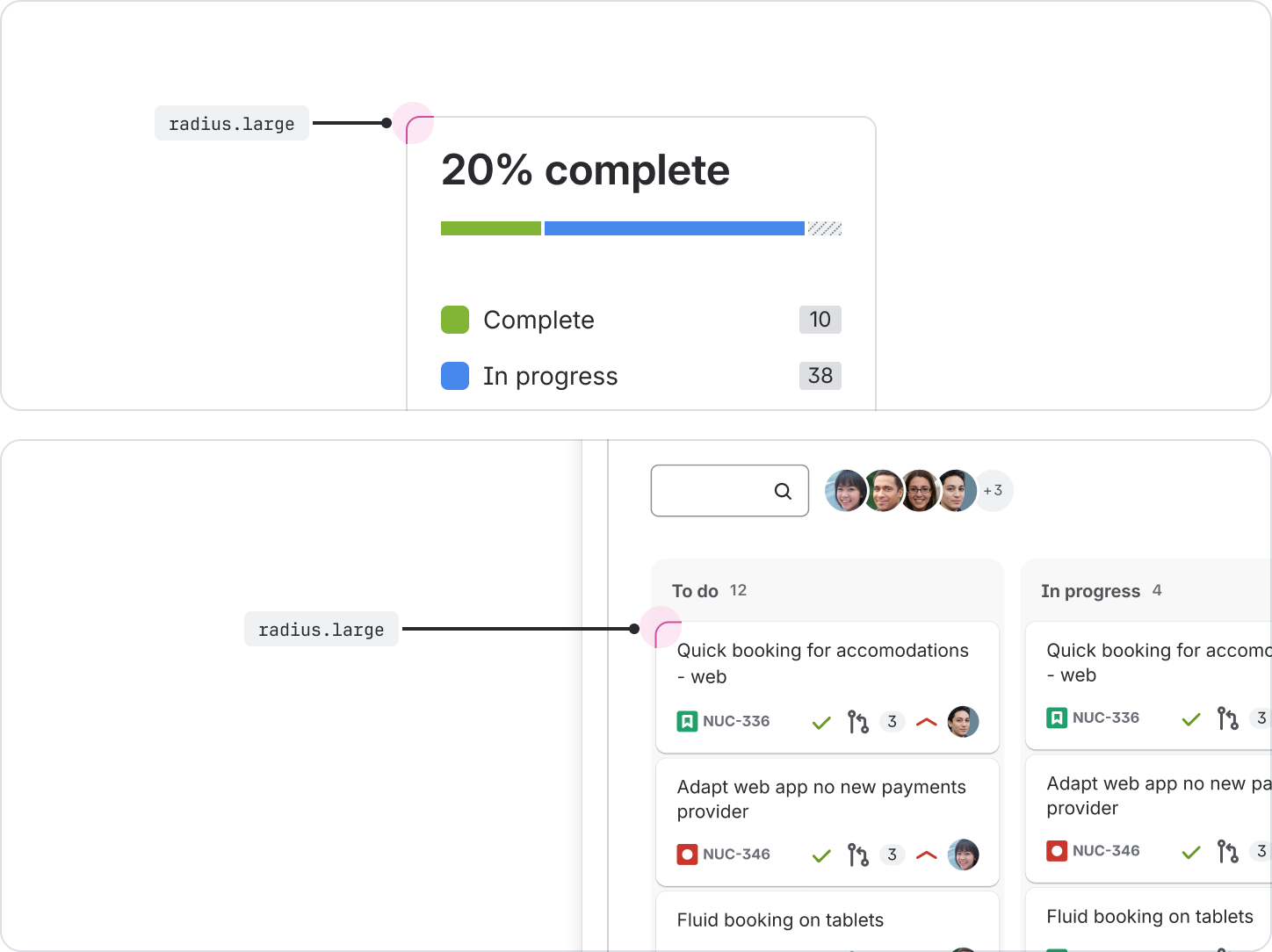 Two examples, one of a progress summary card and one of a Jira work item on a board, both of which use the "radius.large" token.