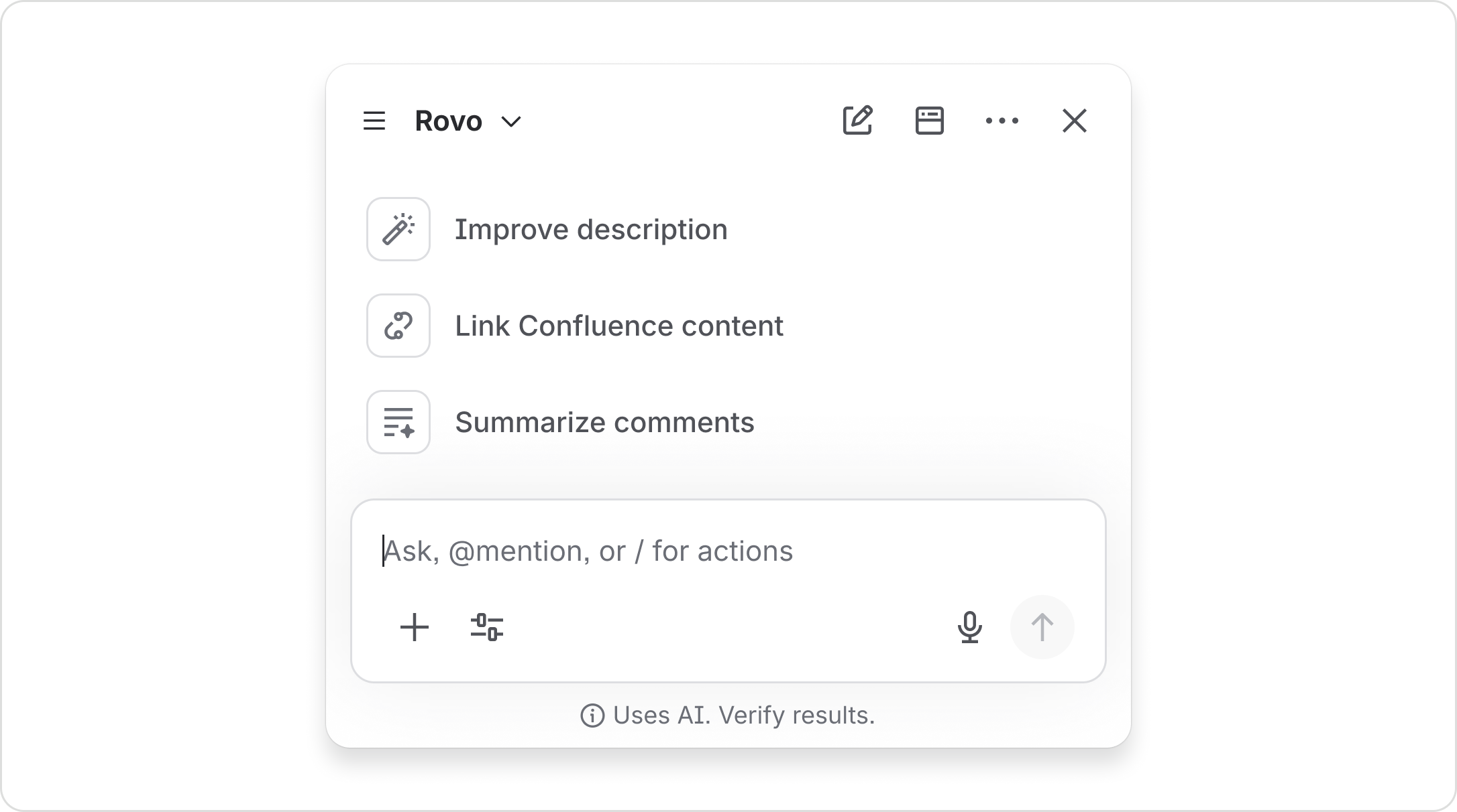 Floating chat opens when the floating Rovo button is selected. It's a contained chat interface that hovers over the page in the bottom corner.
