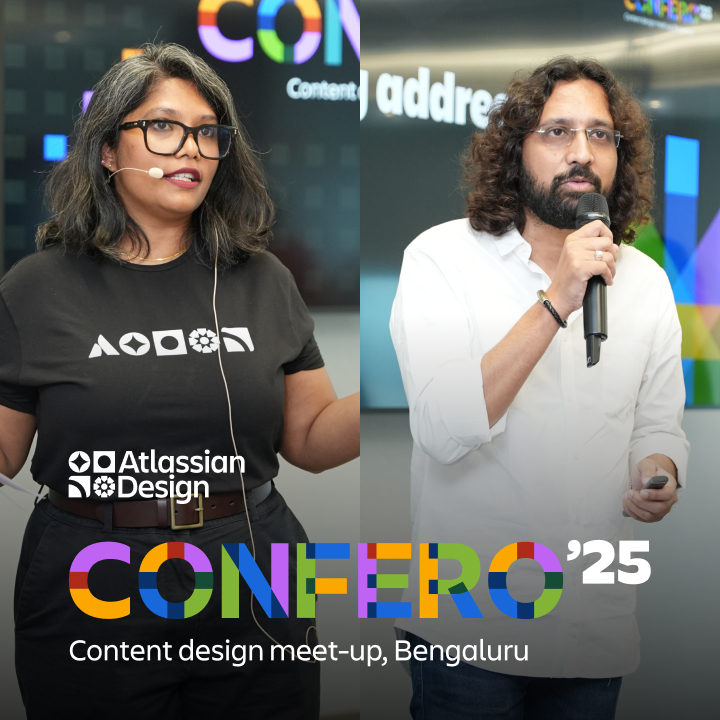 Two individuals presenting talks at a conference. A caption says "Confero 25 - Content meet-up, Bangaluru