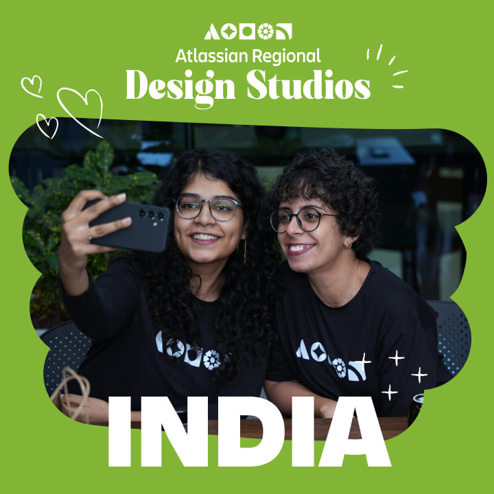 Two attendees taking a selfie at an event. A caption says "Atlassian Regional Design Studios - India."