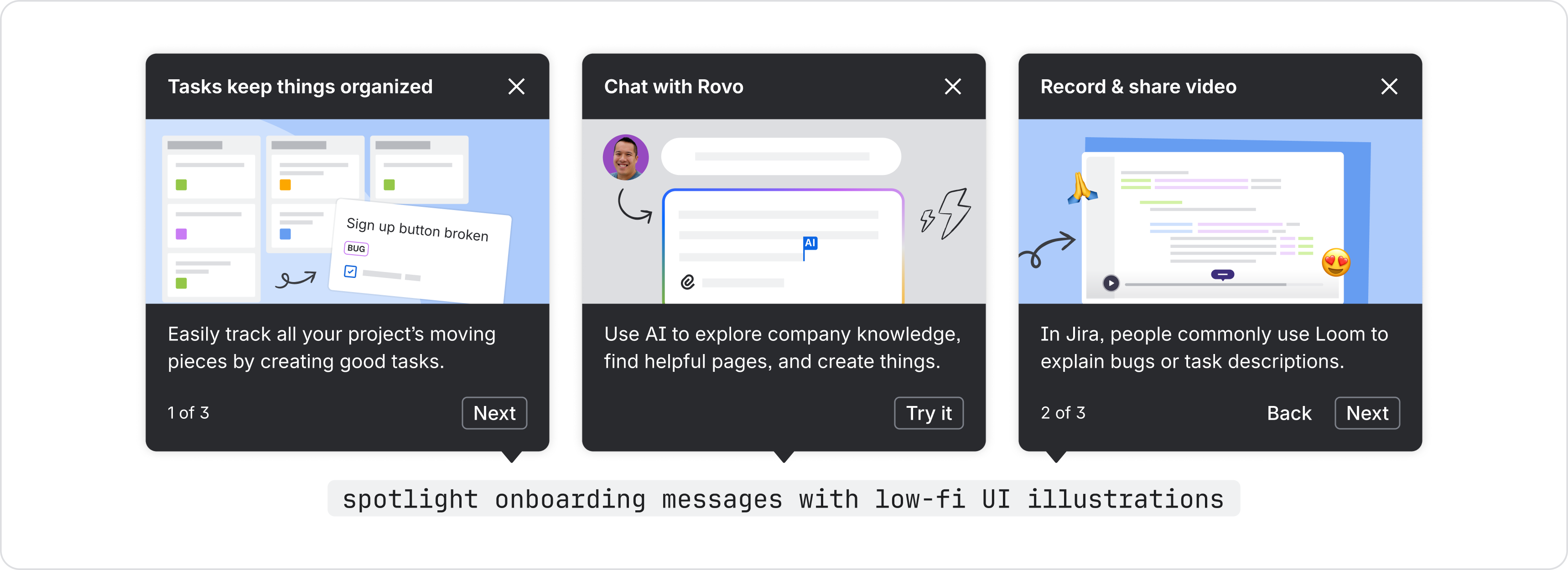 Three spotlight onboarding modals, each containing a low-fidelity UI illustration: one showing a task board, one showing an AI chat interface, and one showing a screen recording